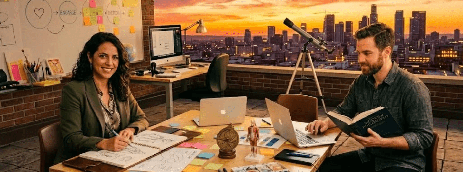 Dos personas trabajando en un estudio con vista a la ciudad