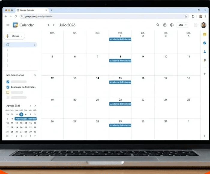 Calendario de clases de la Academia de Polímatas en una laptop