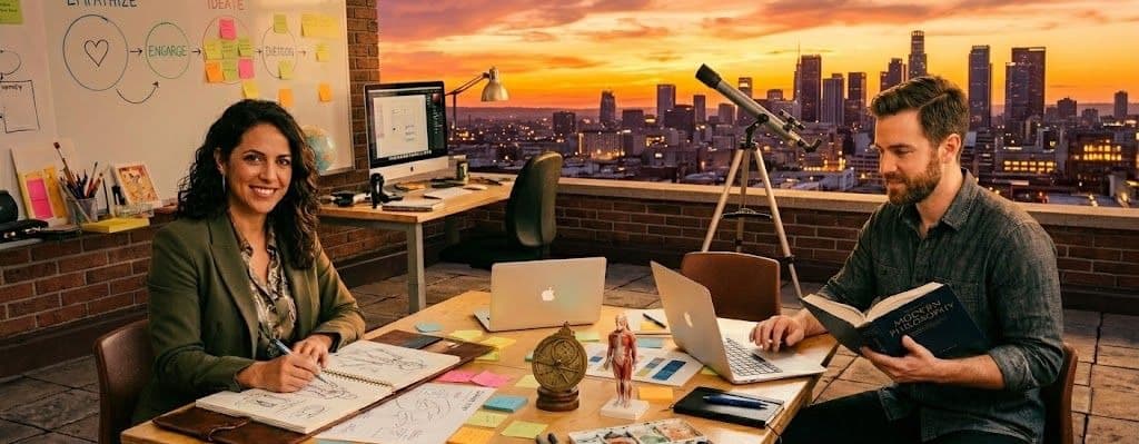 Dos personas trabajando en un estudio con vista a la ciudad